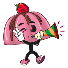 cute pink jelly dessert mascot cartoon vector food illustration, adorable raspberry pudding character with Chocolate Topping blow the party horn trumpet, work of hand drawn