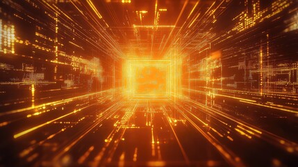 Digital data stream tunnel entering glowing processor