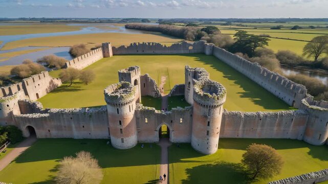 Exploring the Historic Ruins of a Medieval English Castle in East Sussex with Towering Walls and Scenic Marshland
