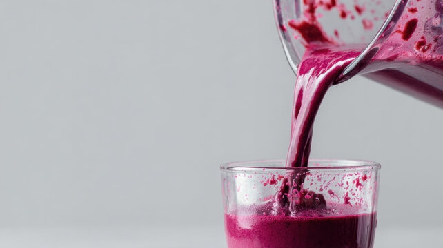 Pouring delicious smoothie into a glass, showcasing fresh ingredients and vibrant colors