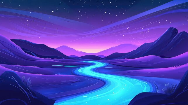 Bioluminescent river flowing through a mystical purple mountain landscape - Powered by Adobe