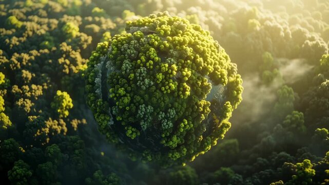 Abstract illustration of a planet covered in lush green forests and trees