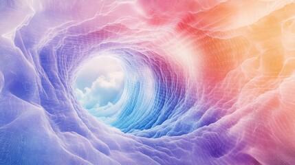 Abstract pastel wormhole light tunnel opening to clouds