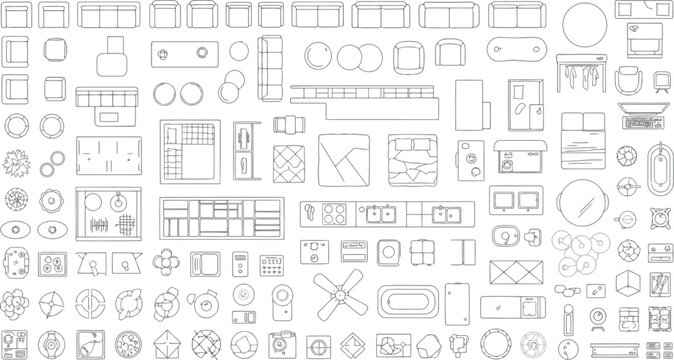 Variety of handdrawn architectural and furniture symbols for floor plan design isolated on white