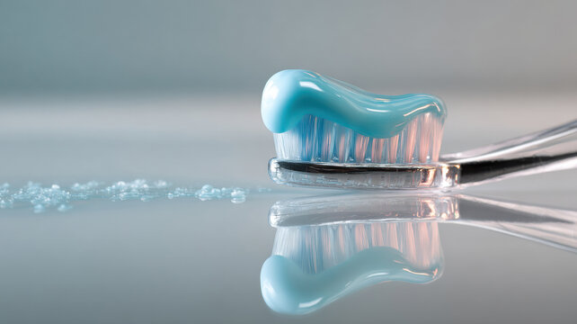 A close-up of a toothbrush with toothpaste on it, demonstrating dental care