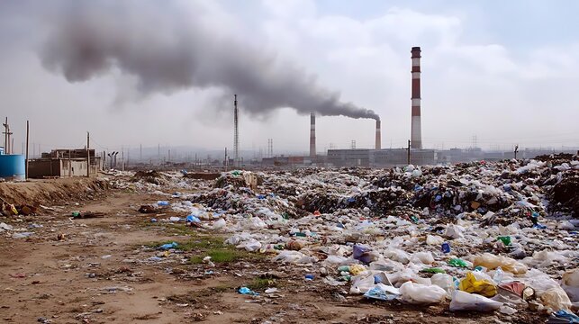 Environmental degradation with industrial chimneys and massive landfill high resolution image