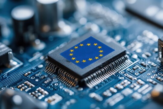 A close-up of a microchip featuring the European Union flag, symbolizing technology and connectivity in Europe.