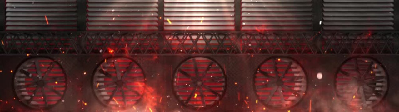 Heavy Industrial Furnace Ventilation Loop with Sparks and Red Hot Glowing Fans