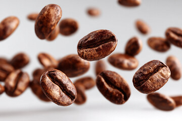 Fototapeta premium Numerous roasted coffee beans floating and falling against a clean bright white background with some in sharp focus
