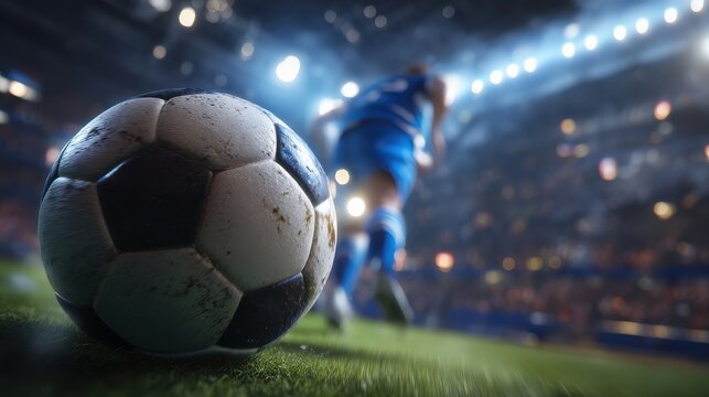 A close-up of a soccer ball on the field, with a player in motion blurred in the background, under stadium lights. - Powered by Adobe