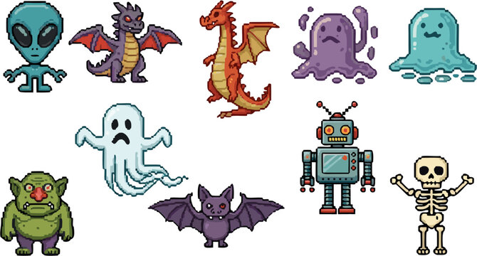 Pixel art monsters and robot collection for retro game design and Halloween themes