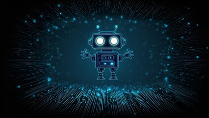 Futuristic robot with glowing eyes stands on a circuit board background representing artificial intelligence and technological advancement