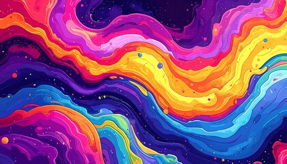 Vibrant psychedelic fluid art creates an abstract rainbow wave pattern.