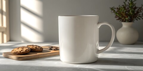 White ceramic coffee mug with cookies and coffee beans on wooden board