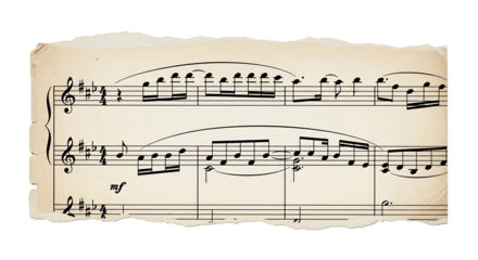 Aged sheet music with torn edges displaying classical music notes