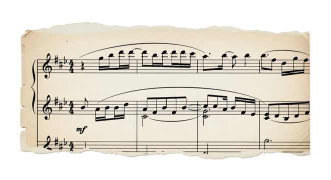 Aged sheet music with torn edges displaying classical music notes