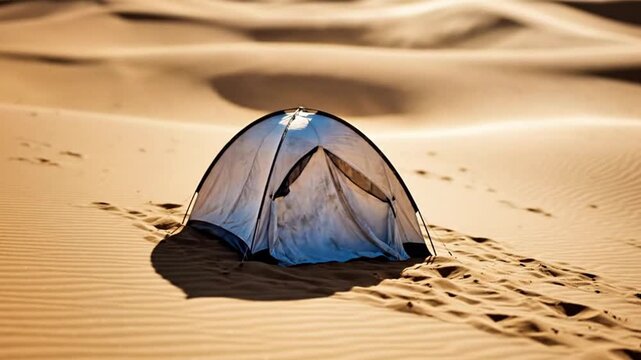 A miniature, isolated, single-occupant tent surrounded by endless, featureless sand dunes.