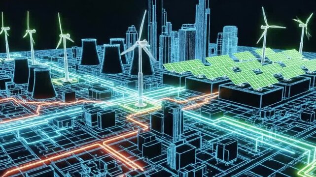 Digital lines showing energy flows shifting from dark, smoky fossil fuel plants to sleek, spinning wind turbines and solar arrays.