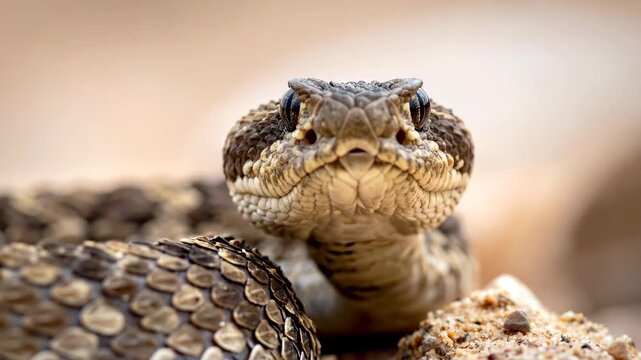 Close up of a dangerous snake staring directly at the camera.