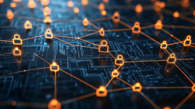 Digital network of people connected by glowing orange lines on a circuit board