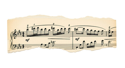 Aged sheet music with notes, clefs and torn, textured paper edges