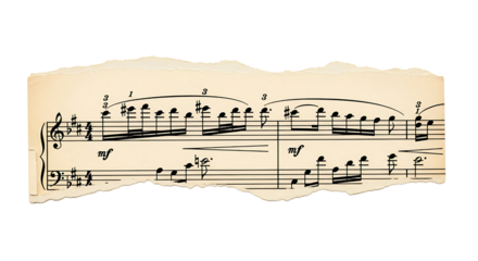 Aged sheet music with notes, clefs and torn, textured paper edges