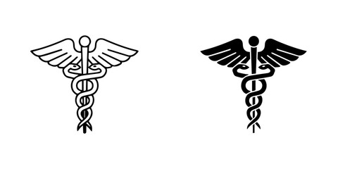 Illustration of a caduceus in black and white, symbolizing medicine and healing isolated on