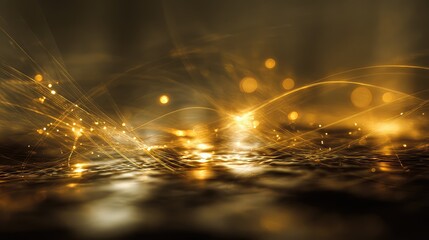 Golden light lines flowing over reflective dark surface