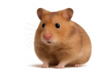 Cute furry golden brown hamster standing on all fours, watching with big black eyes. Small rodent pet with transparent background