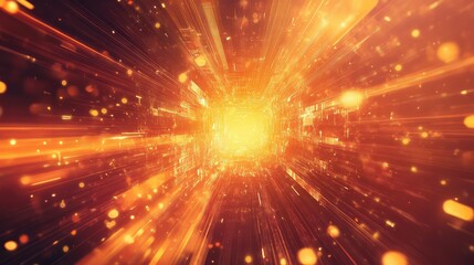 Obraz premium Traversing a glowing digital data tunnel with flying particles