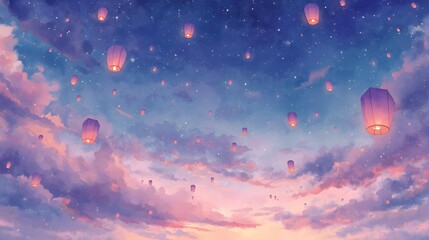 Fototapeta premium Dreamy night sky with floating lanterns and stars, pastel clouds at twilight in whimsical festival illustration