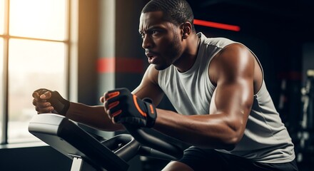 A man in a gray sleeveless shirt rides a stationary bike in a gym, gripping the handles intensely.