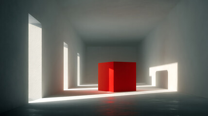 Striking red rectangular block boldly anchors a bright, minimalist architectural corridor with dramatic sunlight