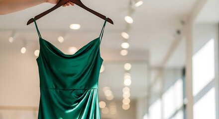 A luxurious emerald green satin slip dress with cowl neck and draped detailing, hanging on a wooden hanger in a boutique or store, with soft bokeh lighting in the background