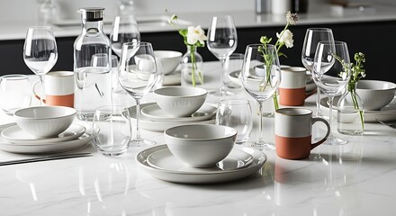 Elegant table setting with coffee cups and wine glasses