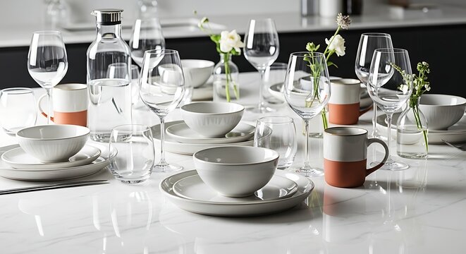 Elegant table setting with coffee cups and wine glasses