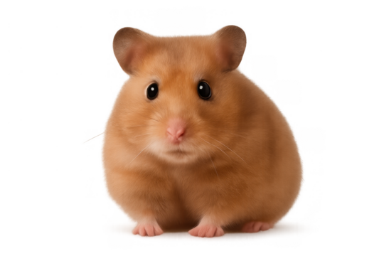 Golden syrian hamster standing front view on transparent background, cute small rodent pet looking at camera