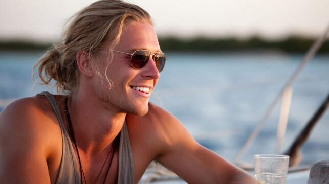 A stylishly dressed man sits on a boat, smiling and enjoying the peaceful evening. The sun sets behind him, casting warm light over the calm water and creating a serene atmosphere