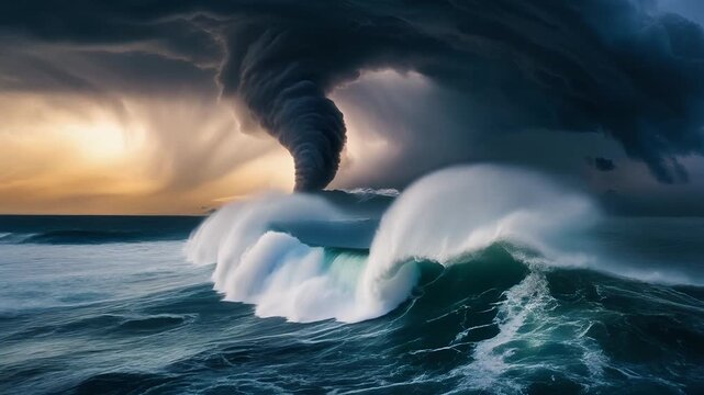 Dramatic tornado above the ocean during a thunderstorm creating big tsunami waves. Weather disasters caused by the global climate change. Environmental problem concept