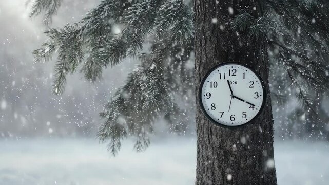 A clock on a tree in a snowy forest, symbolizing the passage of time in winter.