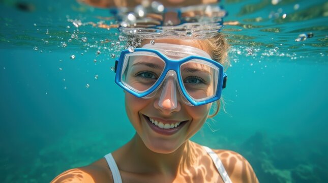 Underwater selfie smiling woman swim goggles snorkeling clear water coral reef tropical sea summer vacation marine life adventure
- Powered by Adobe