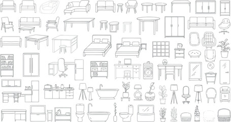 Variety of handdrawn furniture sketches for interior design, isolated on