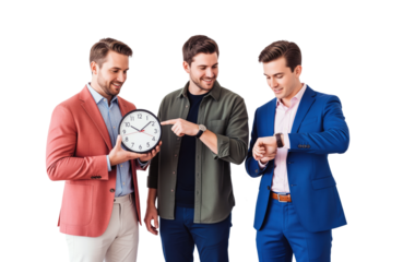 Time management teamwork visual with group of colleagues coordinating clocks for punctual meetings and project deadlines, useful for productivity workshops or schedule planning training