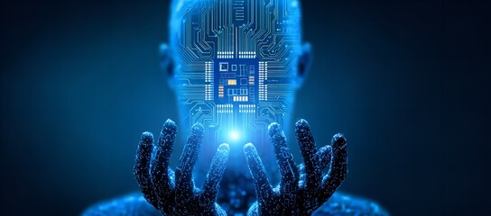 Futuristic ai figure with glowing circuit board brain and hands representing artificial intelligence and technological advancement