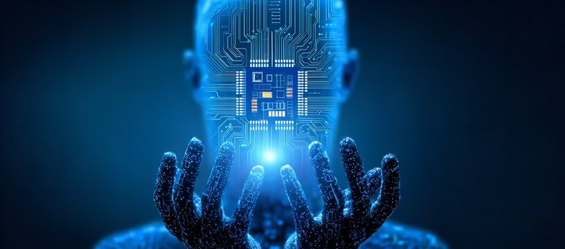 Futuristic ai figure with glowing circuit board brain and hands representing artificial intelligence and technological advancement