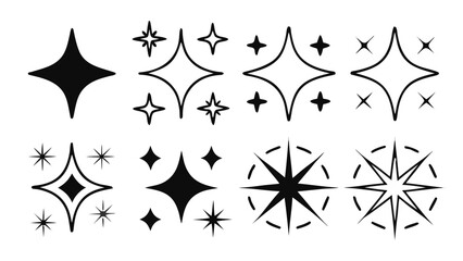 Collection of varied starburst and sparkle shapes in black and white vector illustration set design vreated with genrated ai