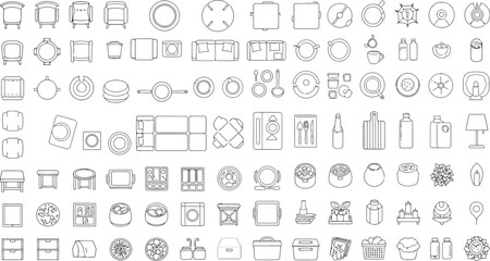 Set of top view line art icons representing various objects and elements, isolated on