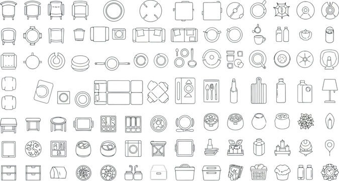 Set of top view line art icons representing various objects and elements, isolated on