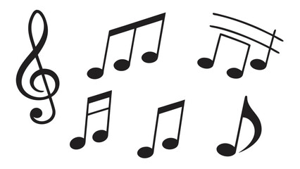 Illustration of a treble clef and various musical notes in black on a white background sheet music vreated with genrated ai