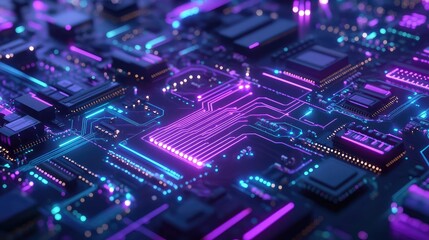 Glowing circuit board processing digital data and technology
